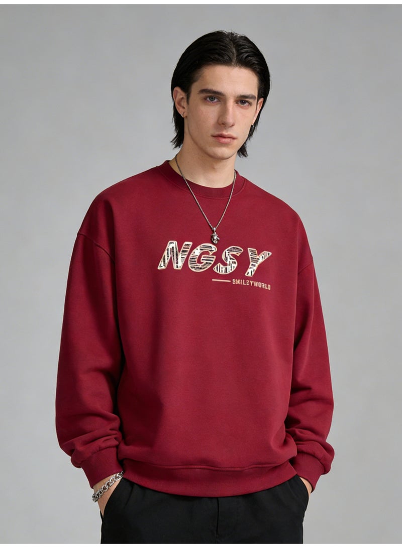 BM INS Burgundy "NGSY" Striped Letter Oversized Crew Neck Sweatshirt | Unisex Pullover With "SMILEY WORLD" Slogan - Image 1